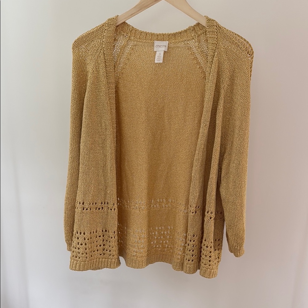 Chico's Gold Cardigan Sweater with Decorative Knit
